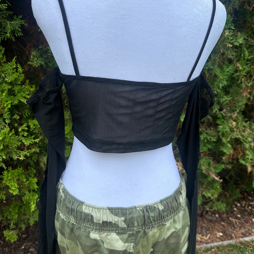 SHEIN Black Icon Cold Shoulder Sheer Crop Top size Medium - Picture 3 of 5